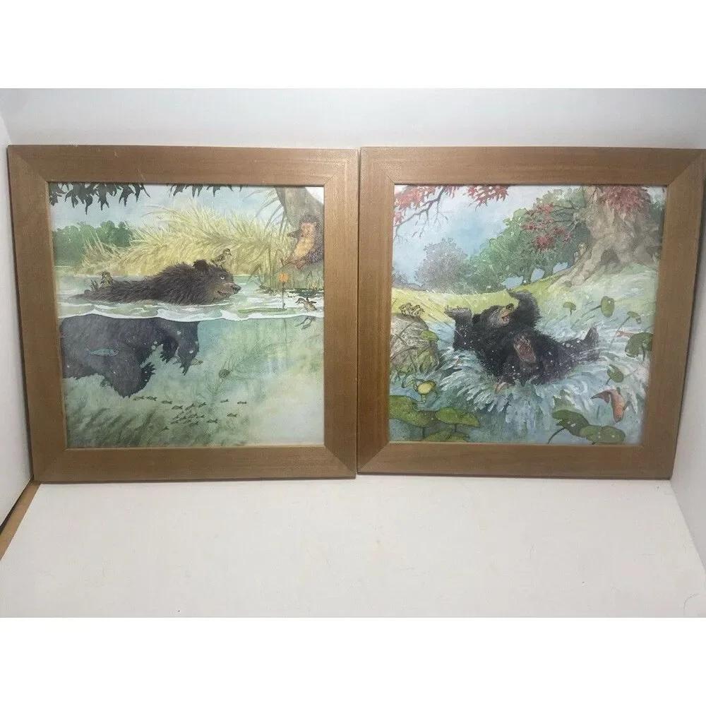 Set of 2 Ikea Bear Swimming 1999 print Kids Baby Nursery art wall decor Framed
